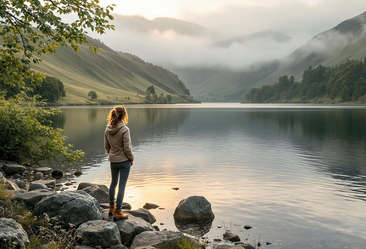 A tranquil landscape photograph of Rydal Water in the Lake District during the golden hour, featuring a lone figure contemplating the serene beauty of the scene.