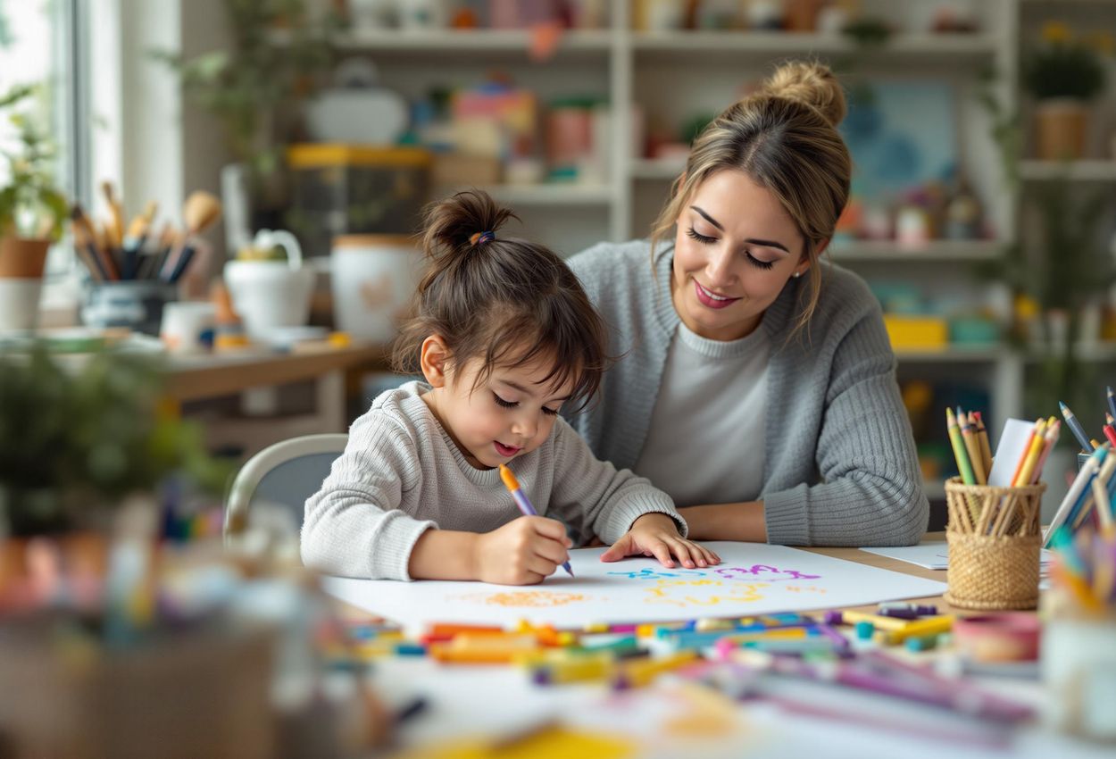 A therapist observes a child during an art therapy session, as the child expresses themselves through colorful drawings in a safe and creative environment.
