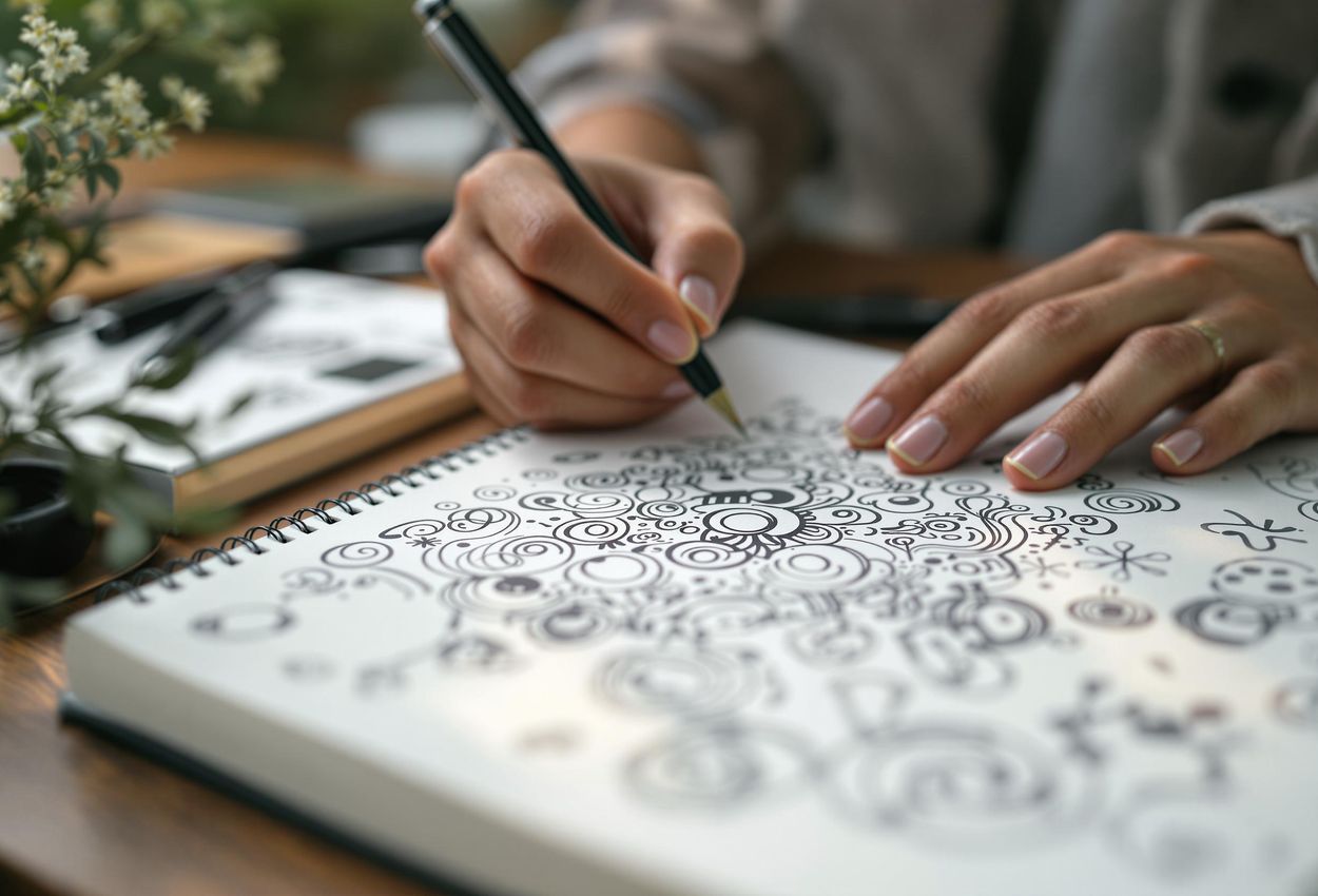 A macro photograph capturing the serene act of mindful doodling. Intricate patterns emerge from the artist