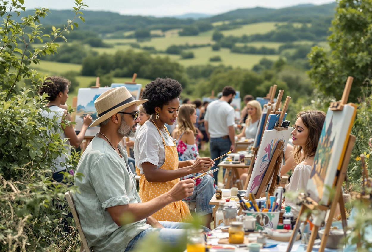 A photograph captures a vibrant outdoor art workshop in July 2025. Diverse artists are immersed in creating landscapes, portraits, and abstract designs under soft, natural light.