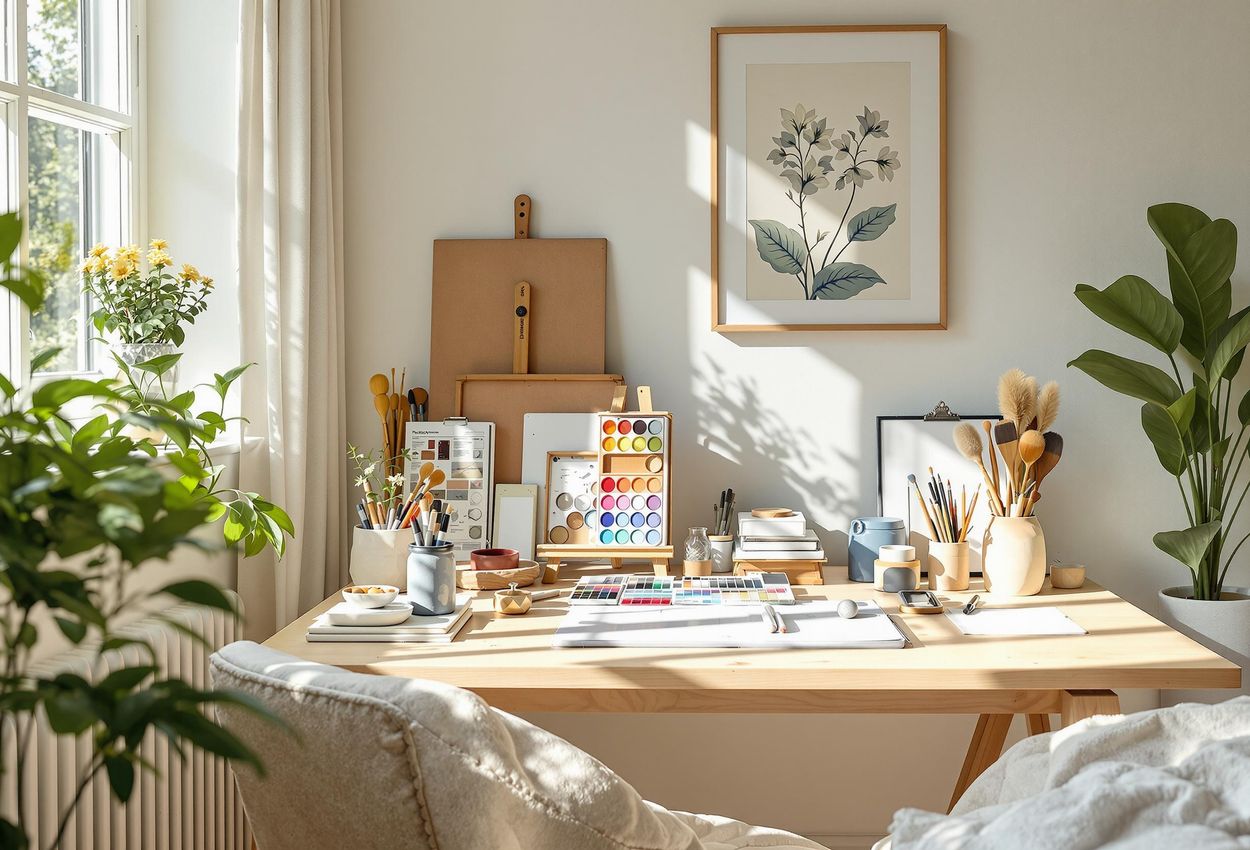 A photograph of a sunlit bedroom transformed into a tranquil art studio, featuring a desk with art supplies, a comfortable chair, and calming colors.