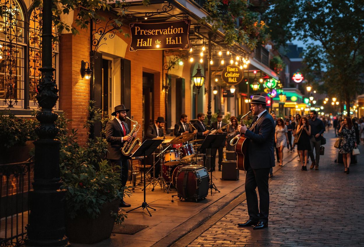 Lively Jazz Performance in New Orleans A captivating photograph capturing a traditional jazz band performing outside Preservation Hall in New Orleans