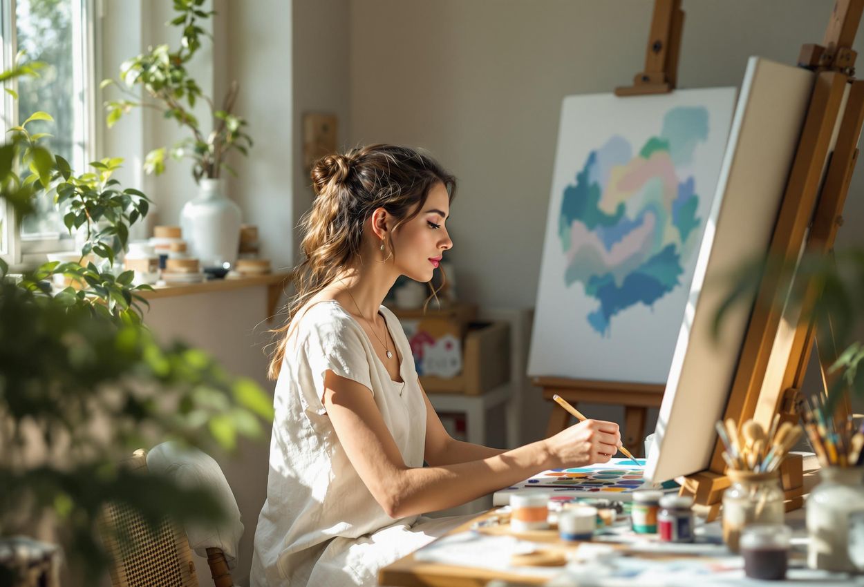 A medium shot captures an artist in her sunlit studio, deeply focused on her painting. The scene is filled with art supplies and bathed in soft, natural light.