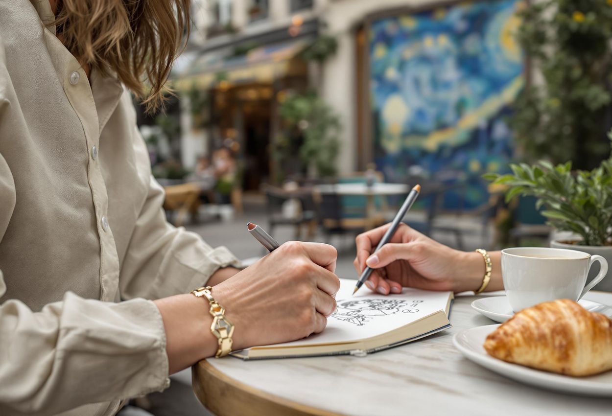 A close-up photograph capturing a traveler sketching a reproduction of Van Gogh