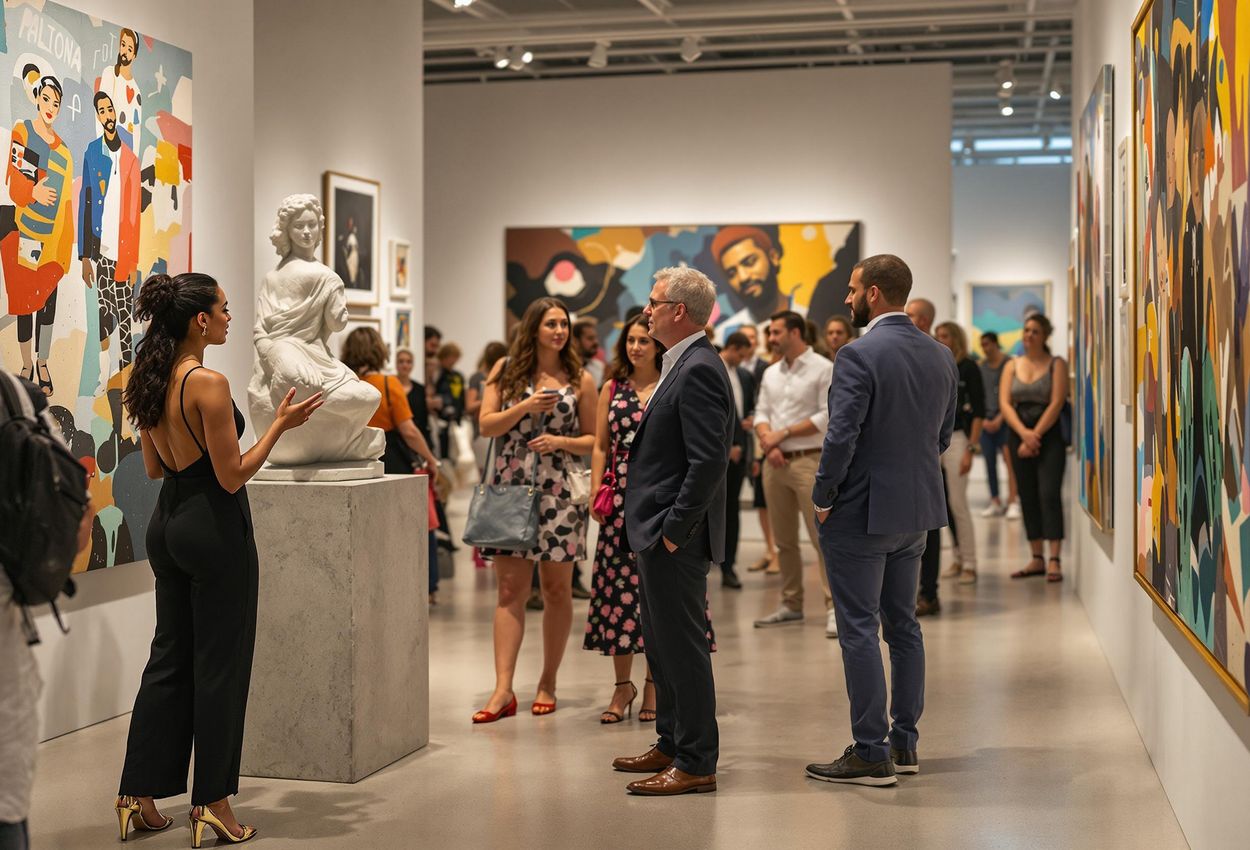 A photograph capturing a vibrant art gallery opening in Milan, Italy, featuring travelers, artists, and art enthusiasts engaging with contemporary artworks.