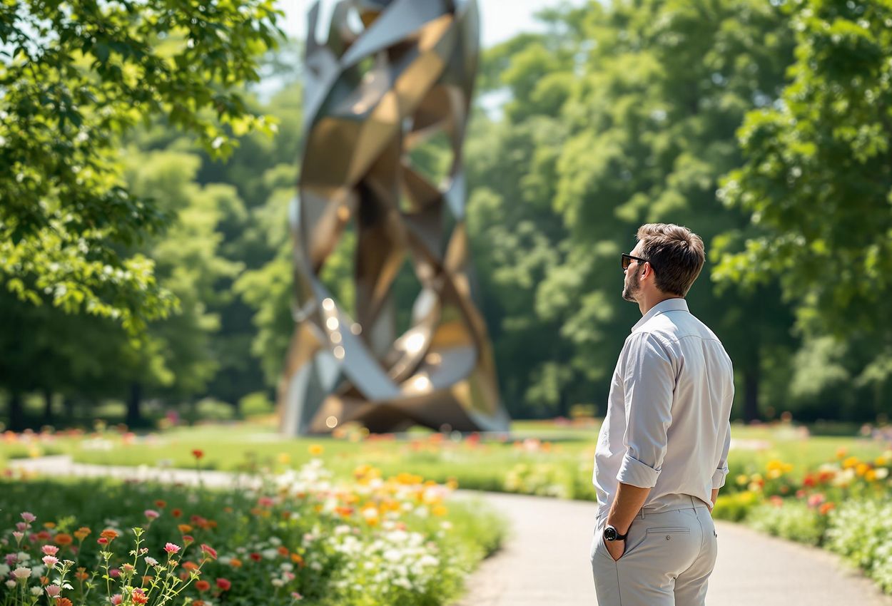 A photograph of a traveler standing in front of an abstract metal sculpture in a serene park, lost in thought and appreciating the artwork.