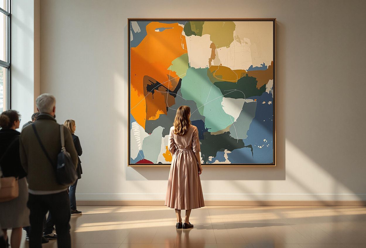 A woman thoughtfully examines an abstract painting in a quiet museum gallery, focusing on the colors, shapes, and textures of the artwork.