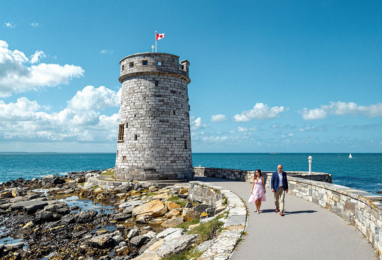 A scenic view of the James Joyce Tower in Sandycove, Ireland, featuring the historic tower, the Irish Sea, and the surrounding coastline under a sunny sky.