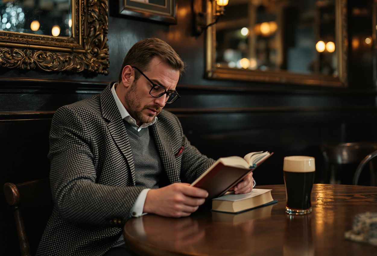 A candid photograph captures a visitor reading Yeats