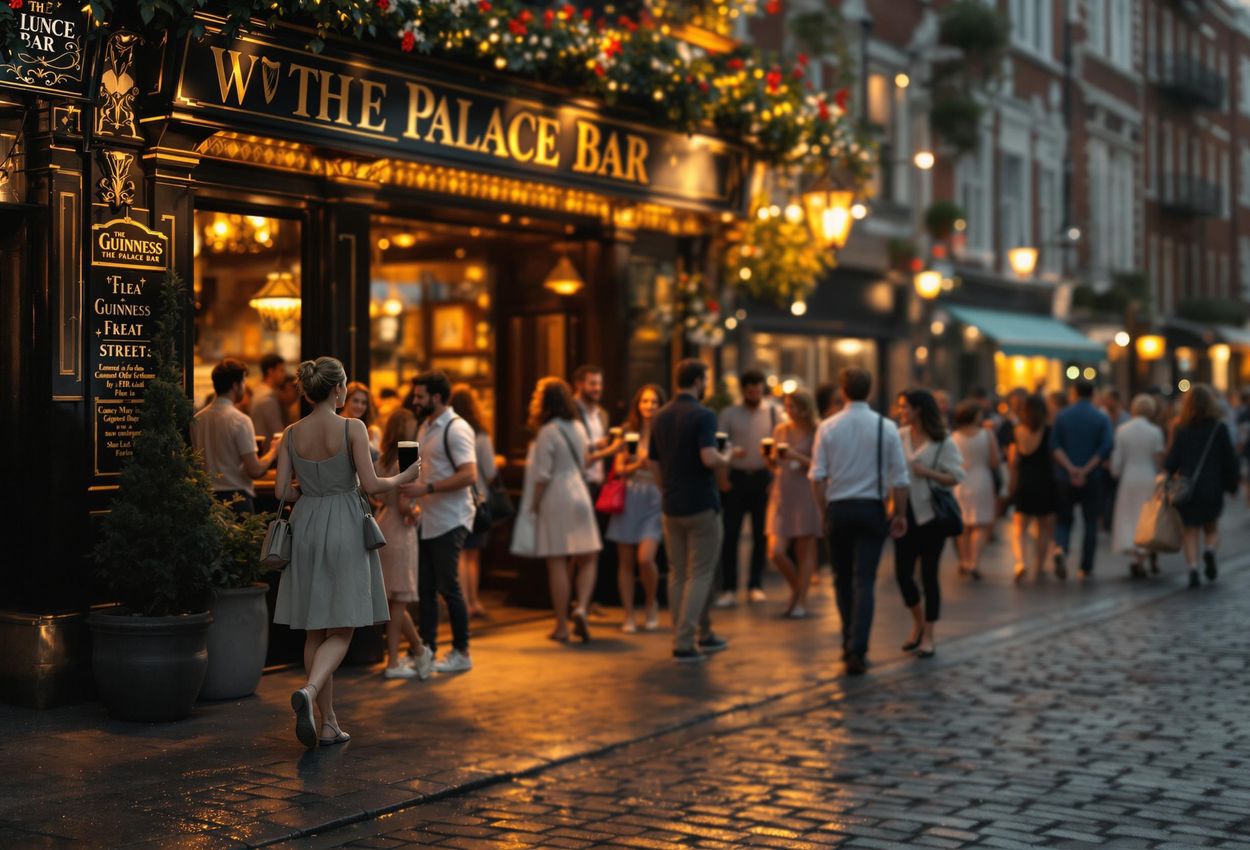 A photograph capturing the vibrant atmosphere outside The Palace Bar on Fleet Street in Dublin, featuring people enjoying Guinness and conversation in the warm evening light.