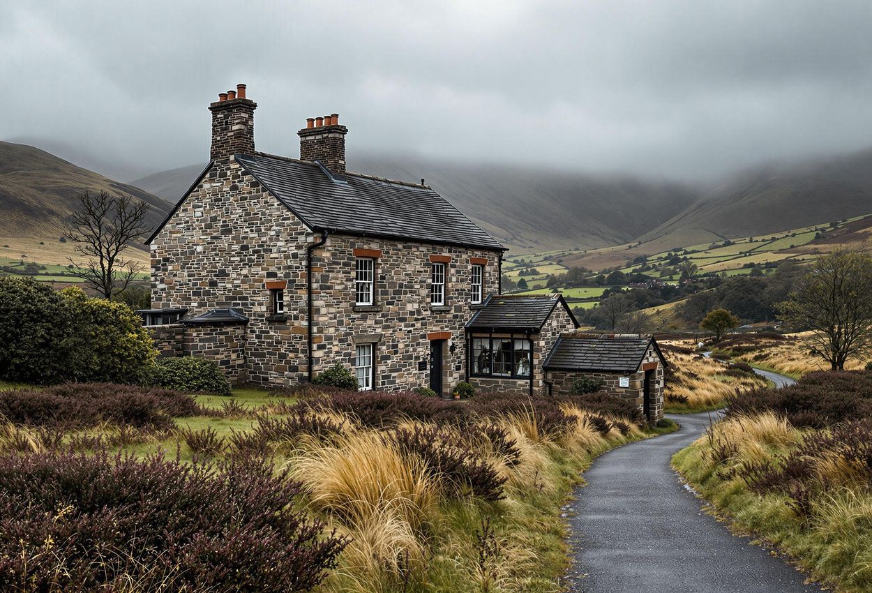 A photograph of the Brontë Parsonage Museum in Haworth, West Yorkshire, captured on an overcast autumn day. The image showcases the historic building against the backdrop of the Yorkshire moors.