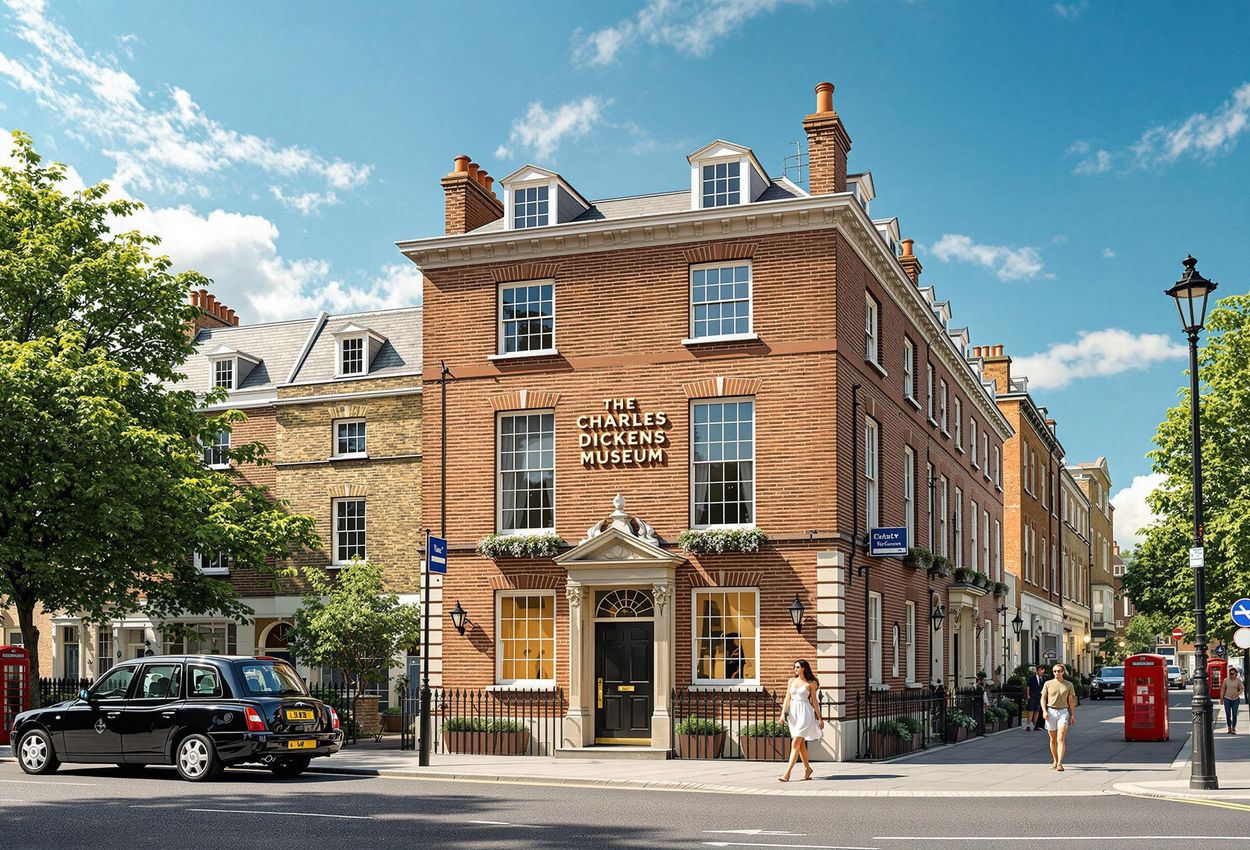 A photograph of the Charles Dickens Museum in London on a sunny summer day, capturing its historical charm and architectural beauty. Pedestrians stroll by, adding life to the scene.