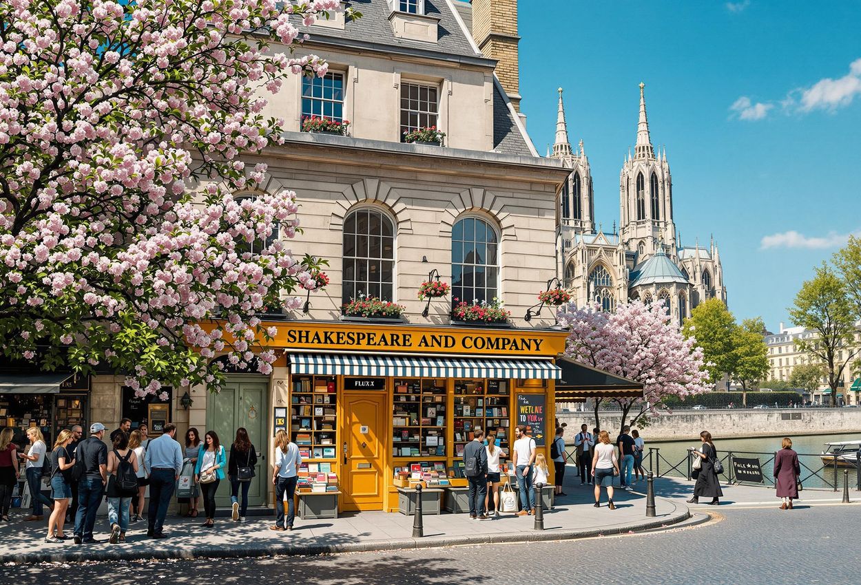 A captivating photograph of the Shakespeare and Company bookstore in Paris, featuring its charming facade, the Seine River, and Notre-Dame Cathedral in the background.