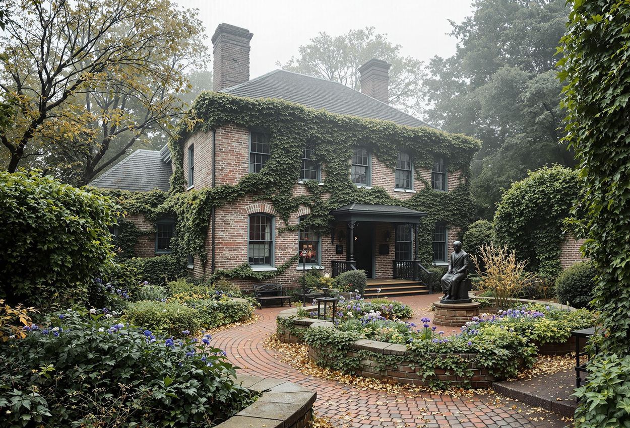 A photograph of the Poe Museum in Richmond, Virginia, showcasing the historic Old Stone House and the enchanting garden inspired by Edgar Allan Poe