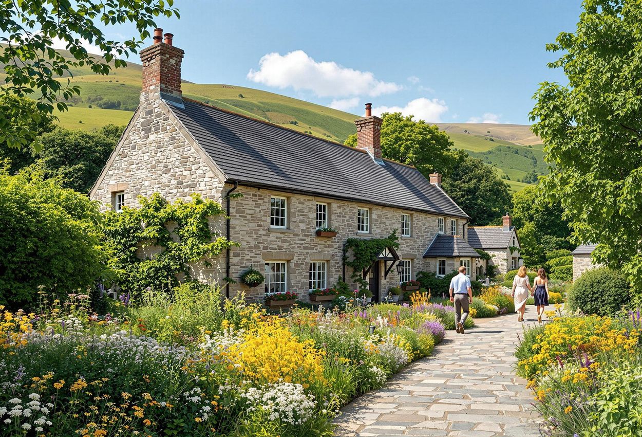 A picturesque view of Dove Cottage and the Wordsworth Museum in Grasmere, Lake District, captured on a beautiful summer morning. The image showcases the historical architecture and stunning natural surroundings.