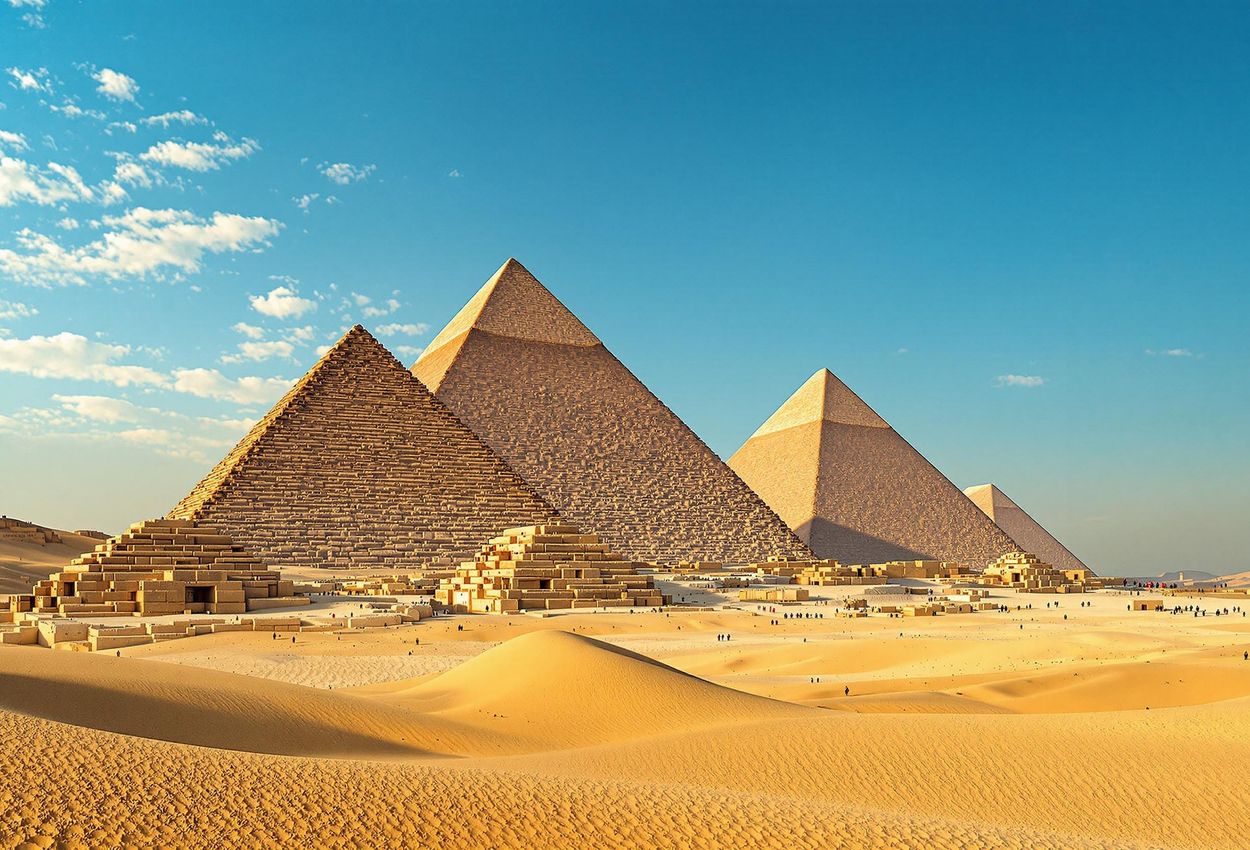 A stunning photograph capturing the iconic Giza pyramid complex and Sphinx bathed in the warm, golden light of sunrise. A timeless view of ancient Egypt.