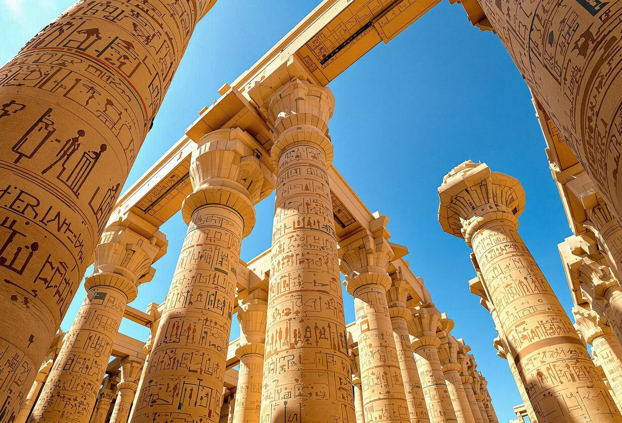 A stunning photograph capturing the grandeur of the Hypostyle Hall at Karnak Temple in Luxor, Egypt, showcasing the towering columns adorned with intricate carvings and hieroglyphics.
