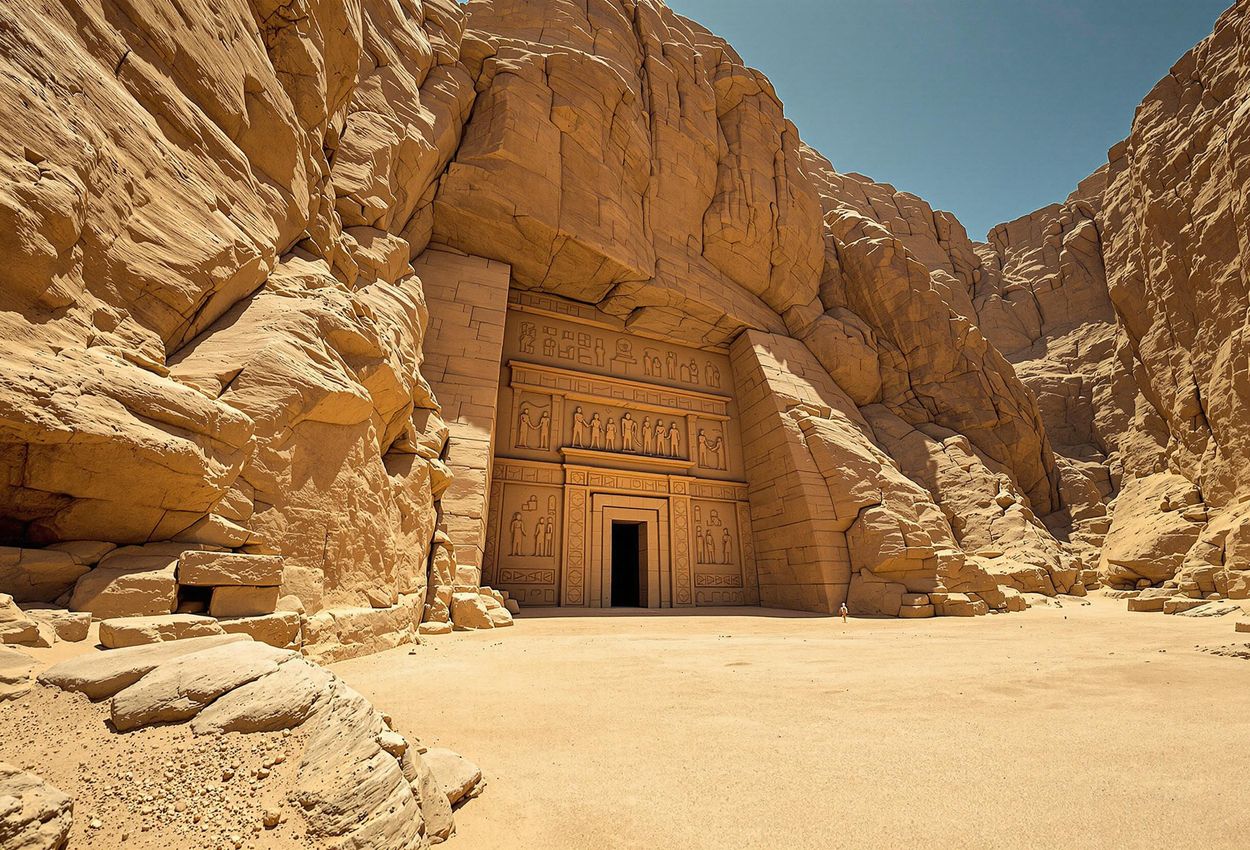 An eye-level photograph capturing the mysterious entrance to an ancient tomb in Egypt