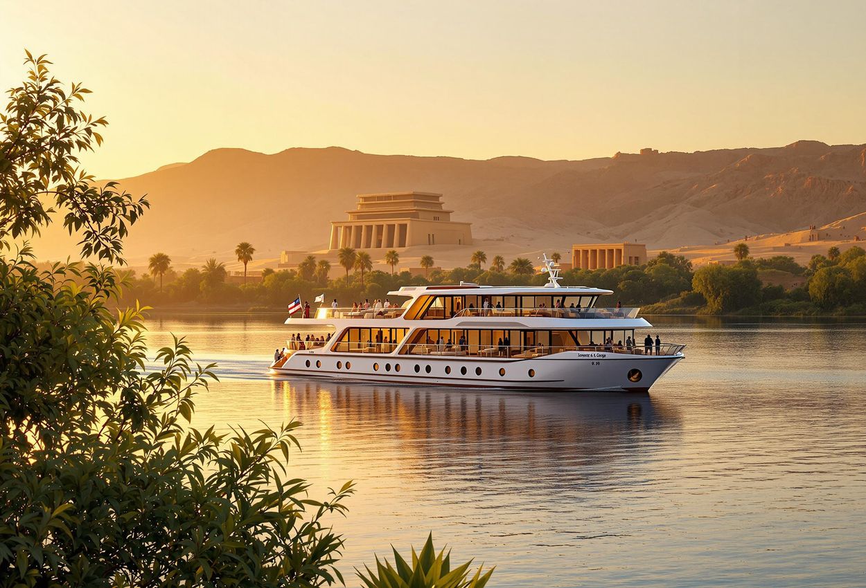 A serene photograph capturing a luxury Nile cruise ship gliding along the river at sunset, with ancient temples and lush vegetation visible in the background.