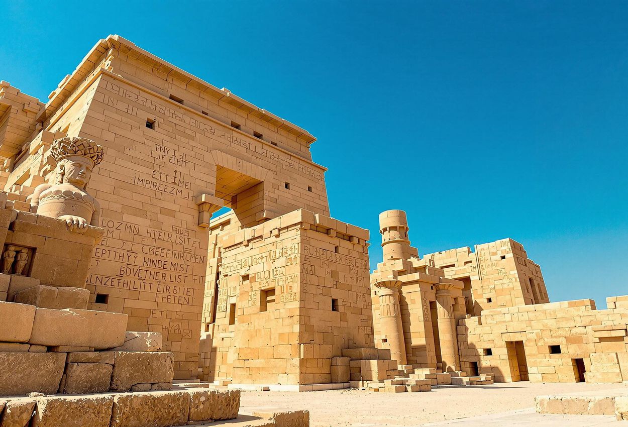 A stunning photograph of the Temple of Seti I in Abydos, Egypt, showcasing its well-preserved carvings and magnificent architecture under a clear blue sky.