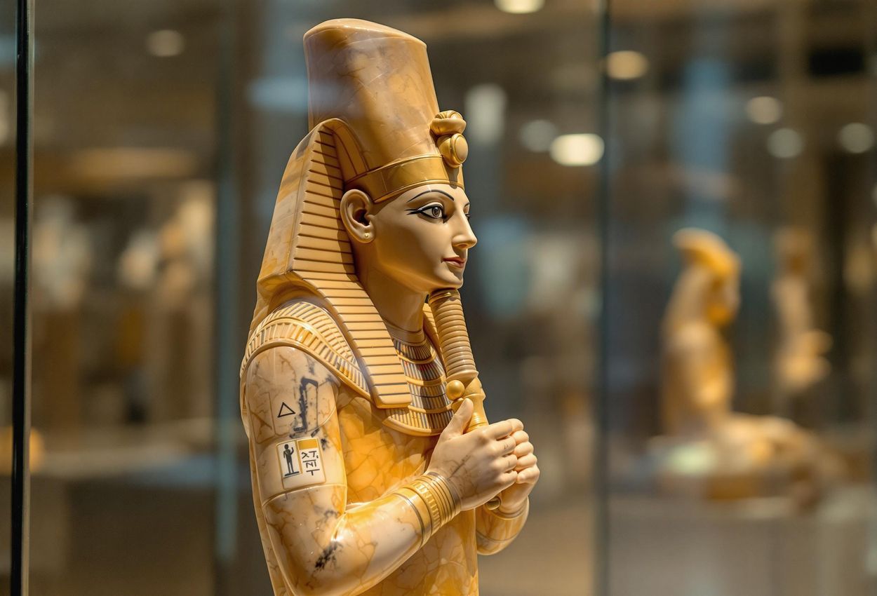 A detailed photograph of the statue of Amenhotep III and the crocodile god Sobek displayed in a modern case inside the Luxor Museum.