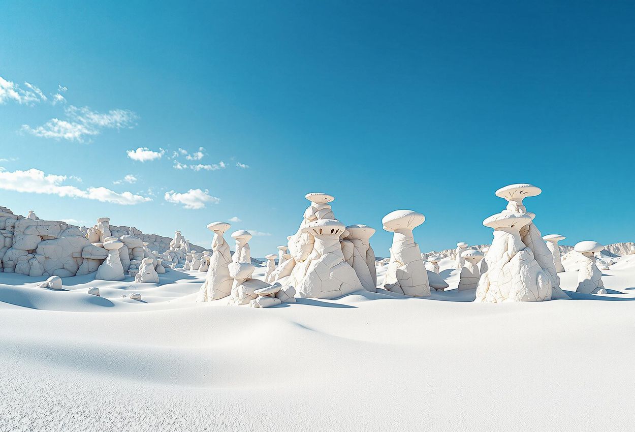 A stunning photograph capturing the surreal beauty of the White Desert in Egypt, showcasing its unique chalk formations and vast, tranquil landscape.