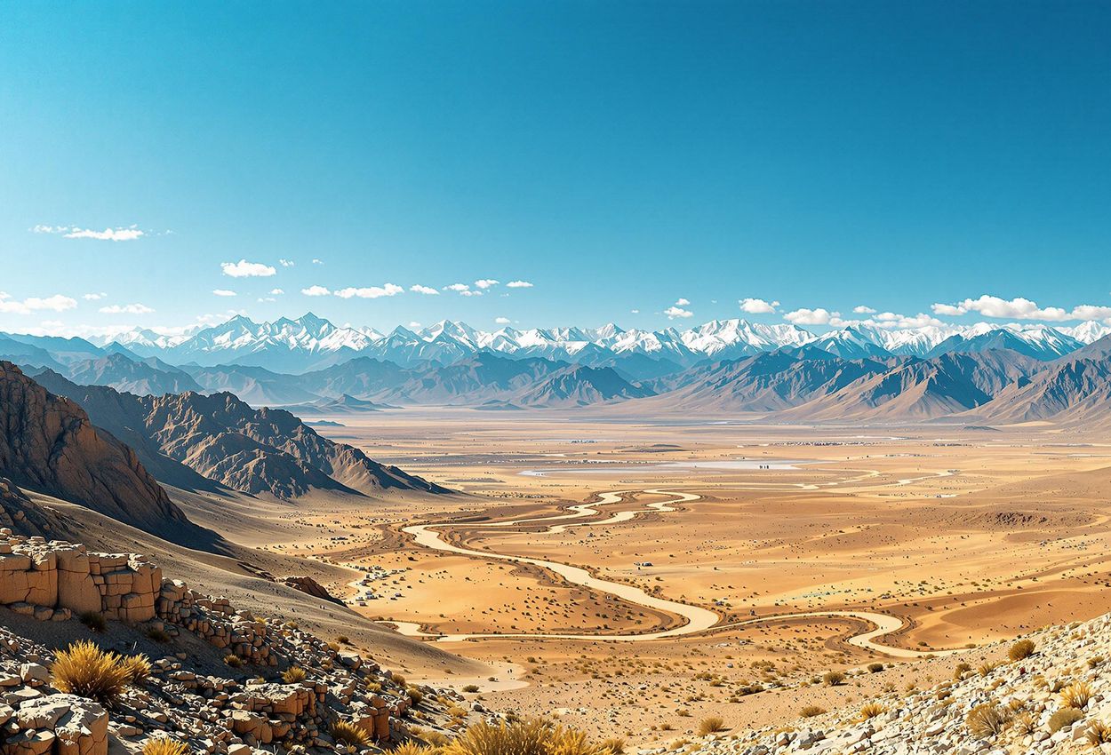 A stunning landscape photograph capturing the vastness and beauty of the Silk Road, showcasing its diverse terrain under a late summer sky.