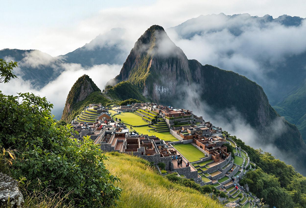 A panoramic photograph of Machu Picchu, the ancient Inca citadel, shrouded in mist and nestled high in the Andes Mountains. The image captures the grandeur and historical significance of this iconic landmark.
