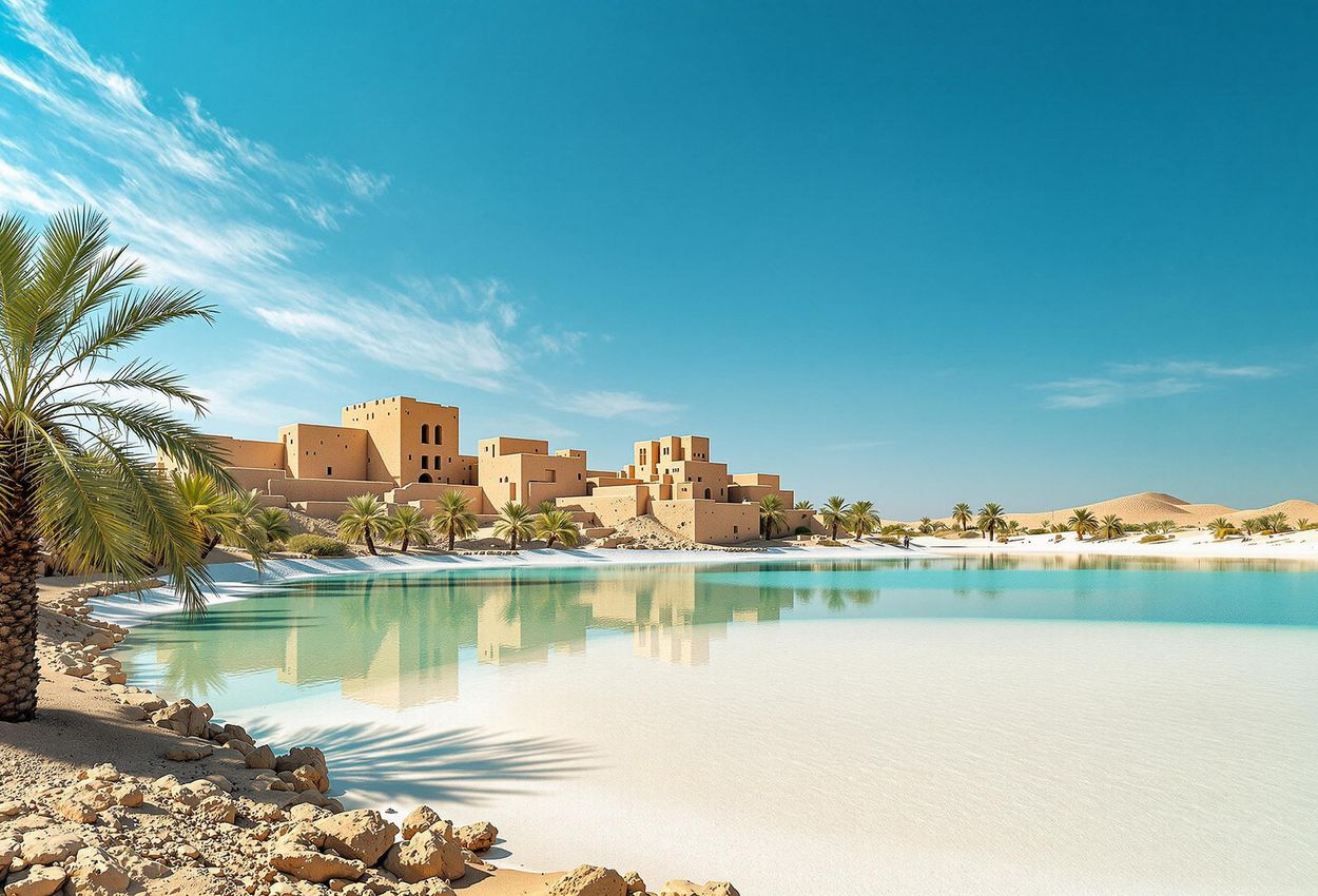 A serene photograph capturing the natural beauty and unique architecture of Siwa Oasis, Egypt, featuring salt lakes, palm groves, and traditional mud-brick buildings.