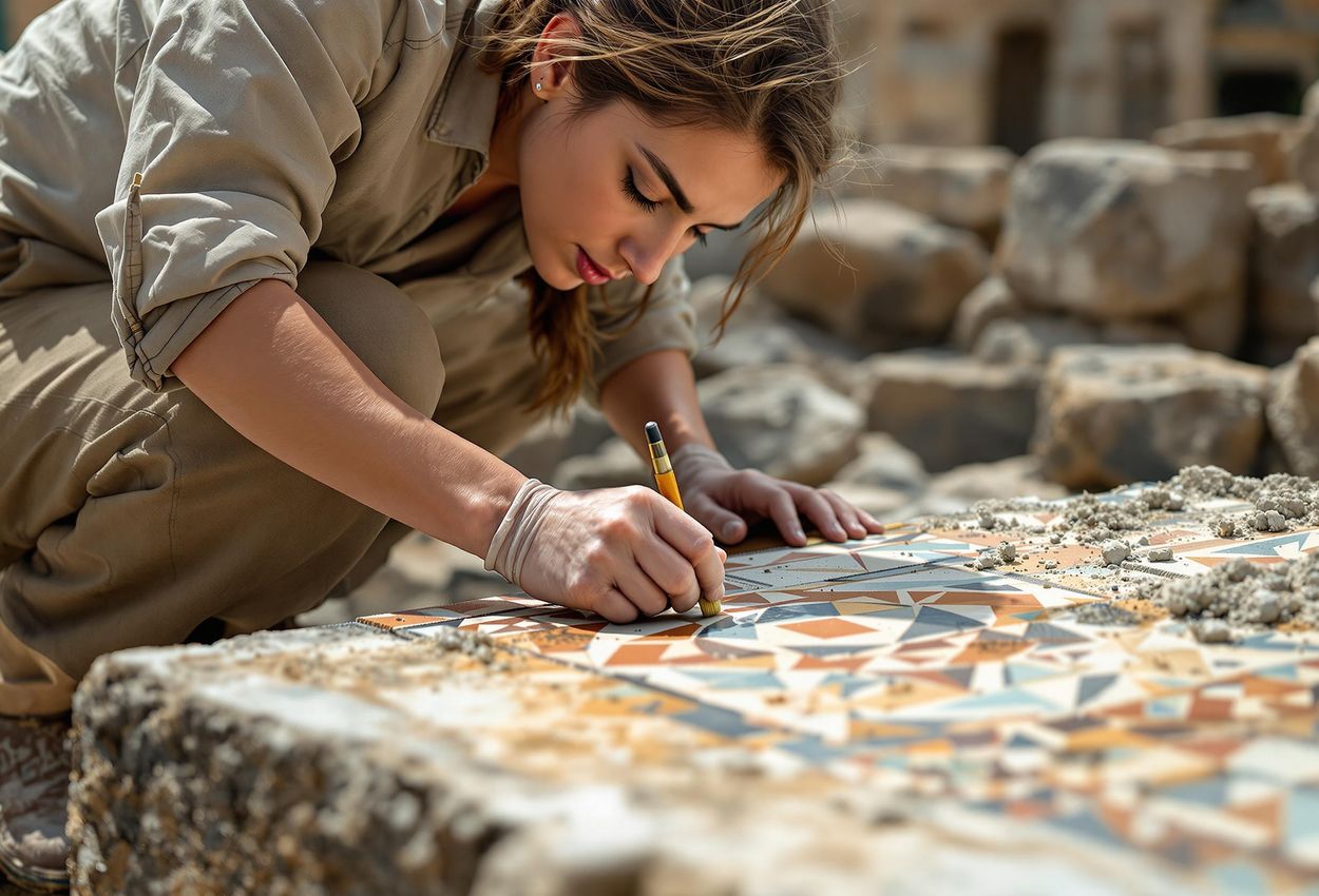 A close-up photograph of an archaeologist carefully restoring a mosaic tile at an ancient Roman site in Rome, Italy. The image captures the dedication and meticulous work of preserving cultural heritage.