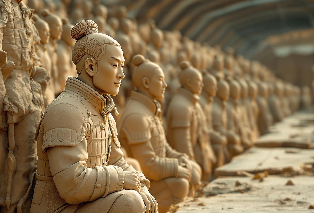 A detailed photograph capturing the intricate artistry of the Terracotta Army in Xi