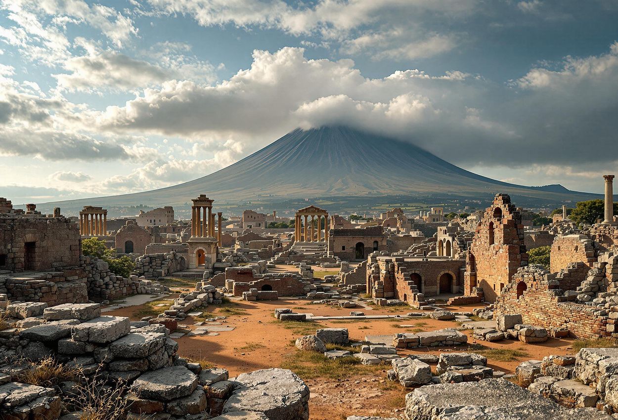 A panoramic photograph capturing the haunting beauty of Pompeii ruins under a dramatic sky, with Mount Vesuvius in the background.