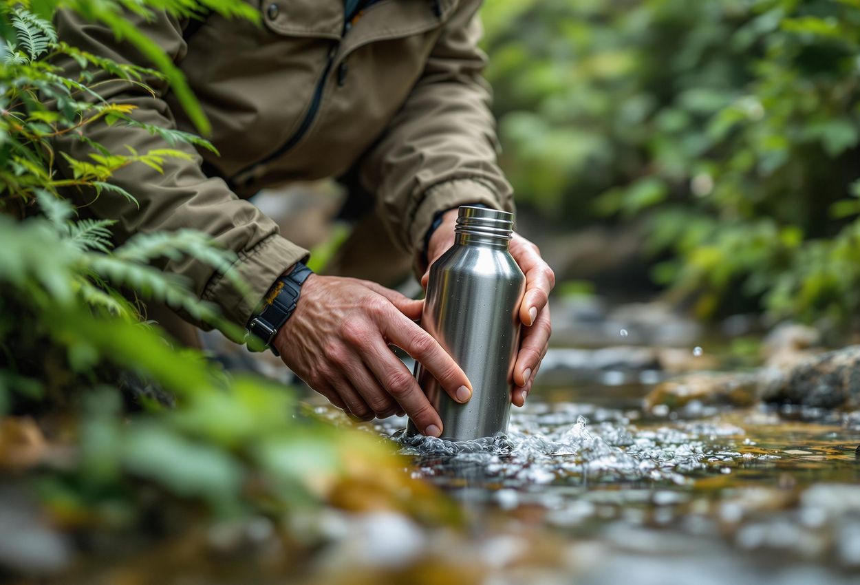 A trekker refills a reusable water bottle at a natural spring along the Inca Trail, highlighting sustainable tourism practices in a lush, natural setting.
