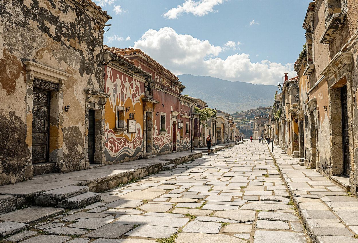 A detailed photograph of a well-preserved ancient Roman street in Pompeii, Italy, showcasing the architecture and paving stones of the time.
