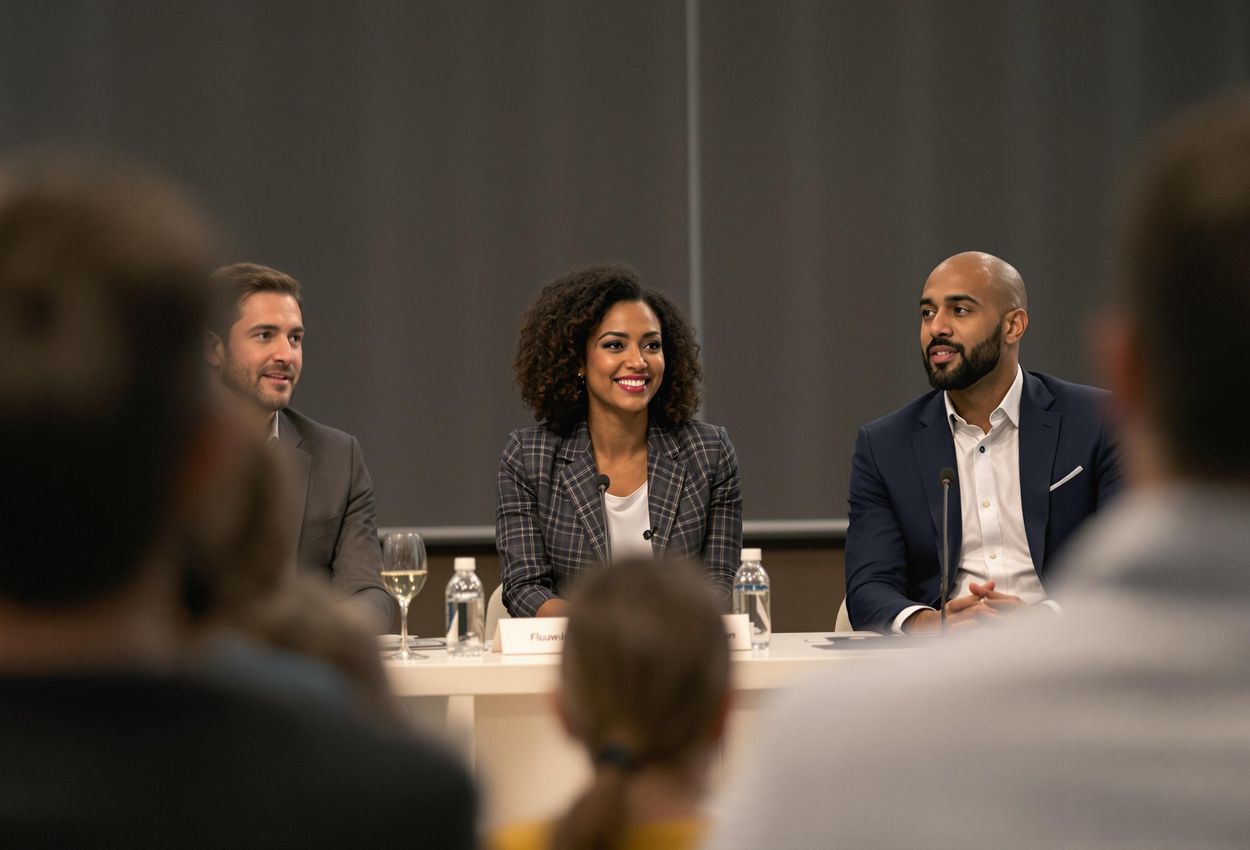 A photograph of a panel discussion featuring experts discussing sustainable tourism at historical sites, captured from the audience
