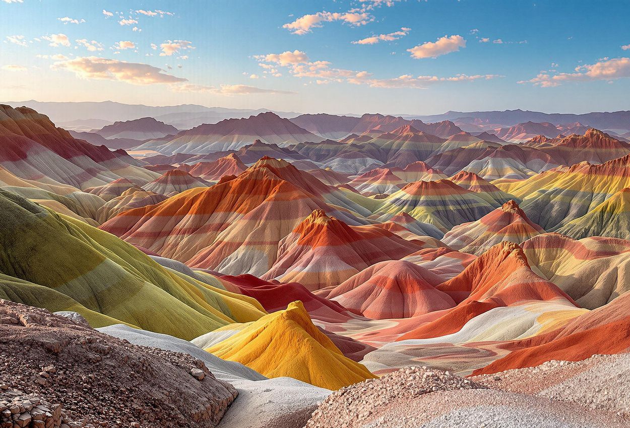 A stunning photograph of the Zhangye Danxia rainbow mountains in Gansu, China, showcasing the vibrant colors and unique geological formations of this UNESCO World Heritage Site.