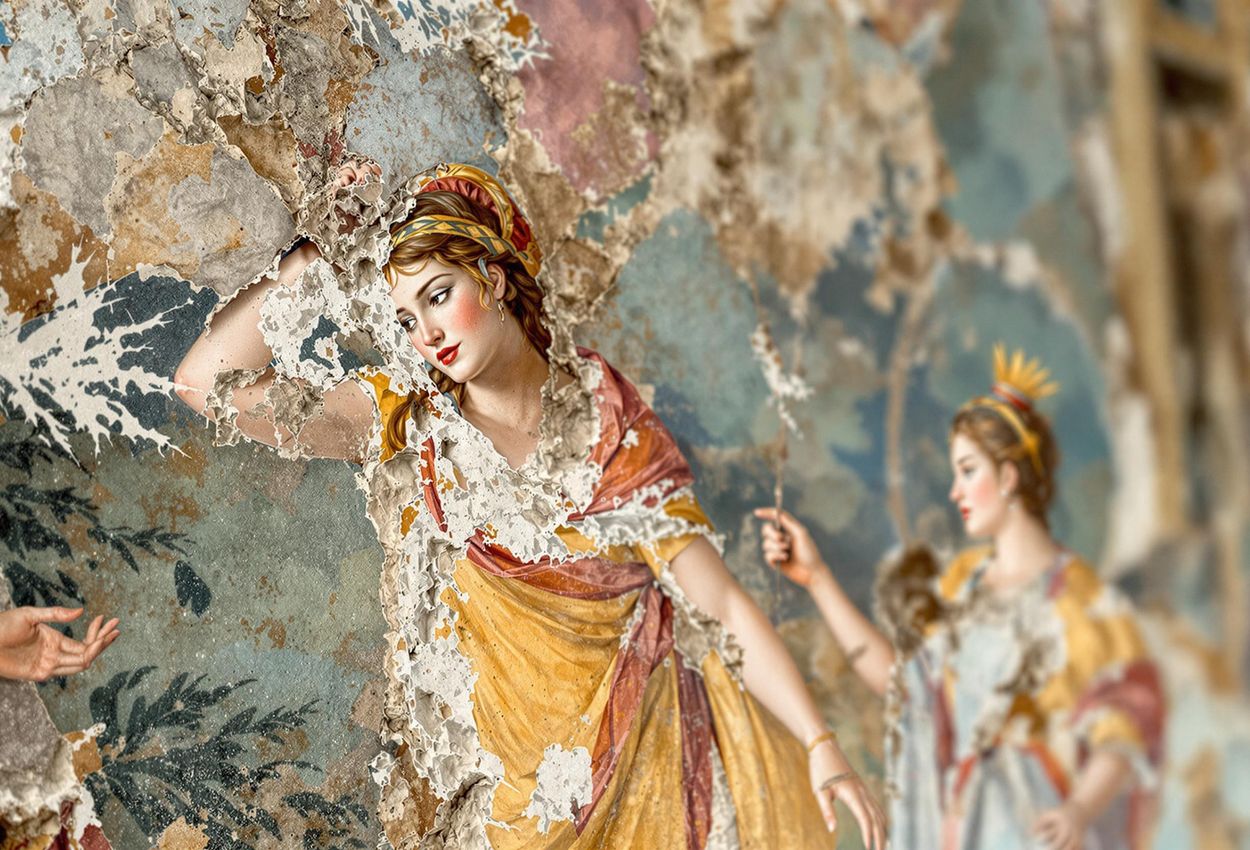 A detailed photograph capturing the intricate beauty of a well-preserved fresco fragment in Pompeii, Italy. The image showcases the vibrant colors and textures of the ancient artwork.