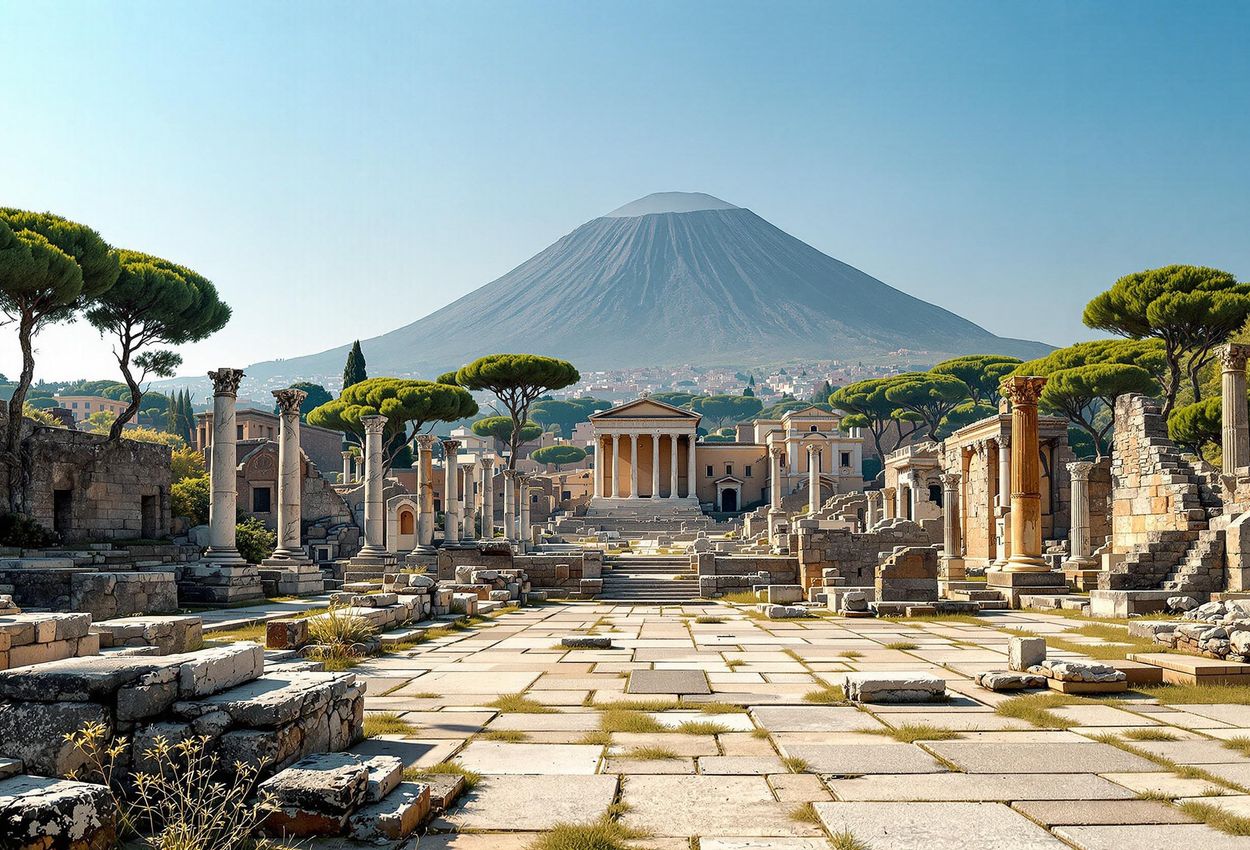 A wide-angle photograph of the Pompeii Forum, showcasing the ruins of the ancient civic center with Mount Vesuvius in the background.
