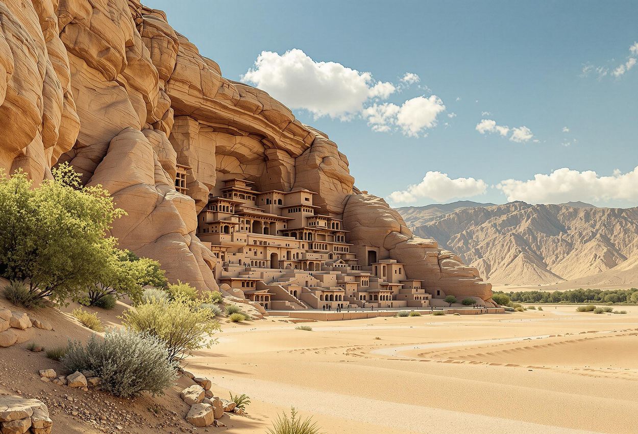 A photograph of the Mogao Grottoes in Dunhuang, China, showcasing the historical and cultural significance of this UNESCO World Heritage site. The image captures the serene beauty of the desert landscape and the intricate details of the ancient Buddhist cave temples.