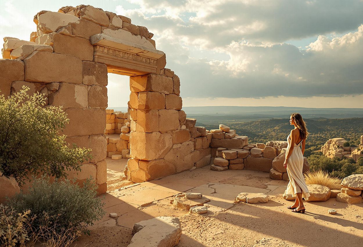A photograph of a traveler standing at the edge of ancient ruins during the golden hour, looking out at the vast landscape.