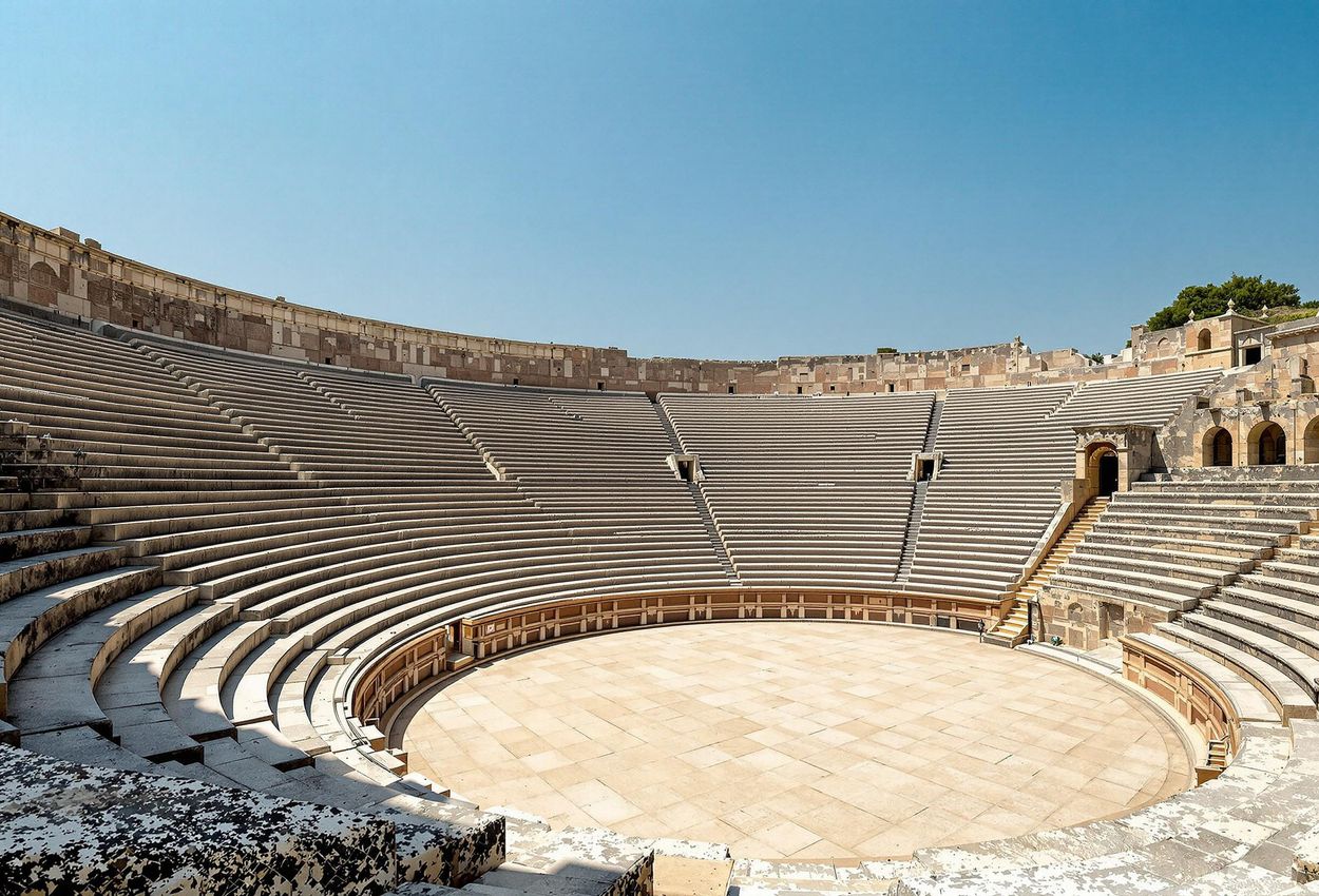 An interior photograph of the Pompeii amphitheater, showcasing its ancient stone architecture and the arena floor where gladiatorial combats once took place. The image captures the dramatic lighting and atmosphere of this historic entertainment venue, providing a glimpse into the past for visually impaired users.