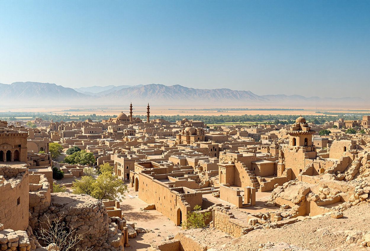 A panoramic photograph of the Jiaohe Ancient City ruins in Turpan, China, showcasing the historical significance and stark beauty of this Silk Road settlement.