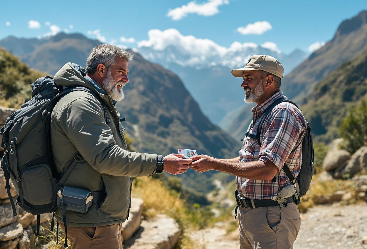 An eye-level photograph capturing a tour operator providing a fair wage to a porter on the Inca Trail, highlighting the importance of responsible labor practices in luxury travel.