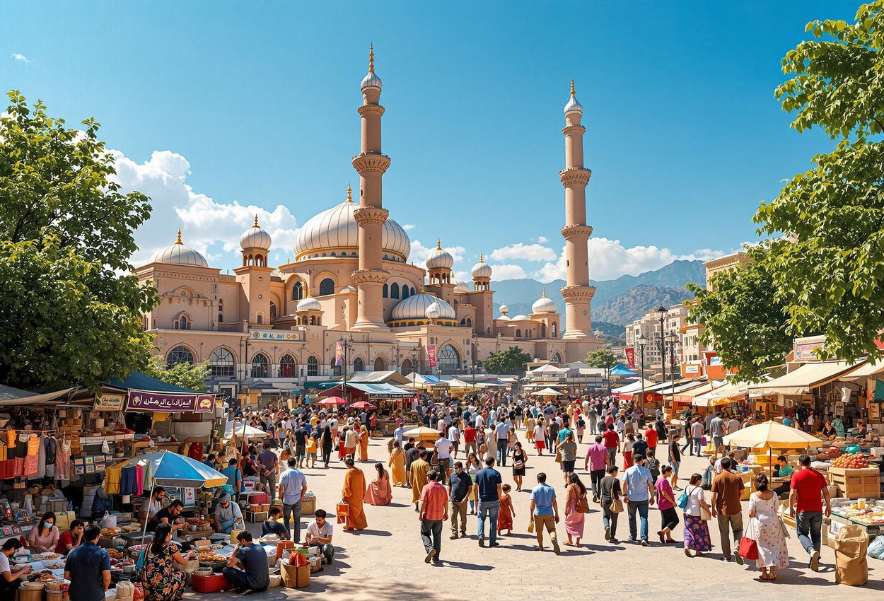 A vibrant photograph capturing the lively atmosphere of the International Grand Bazaar in Urumqi, China, showcasing its cultural diversity, Islamic architecture, and Silk Road trading traditions.