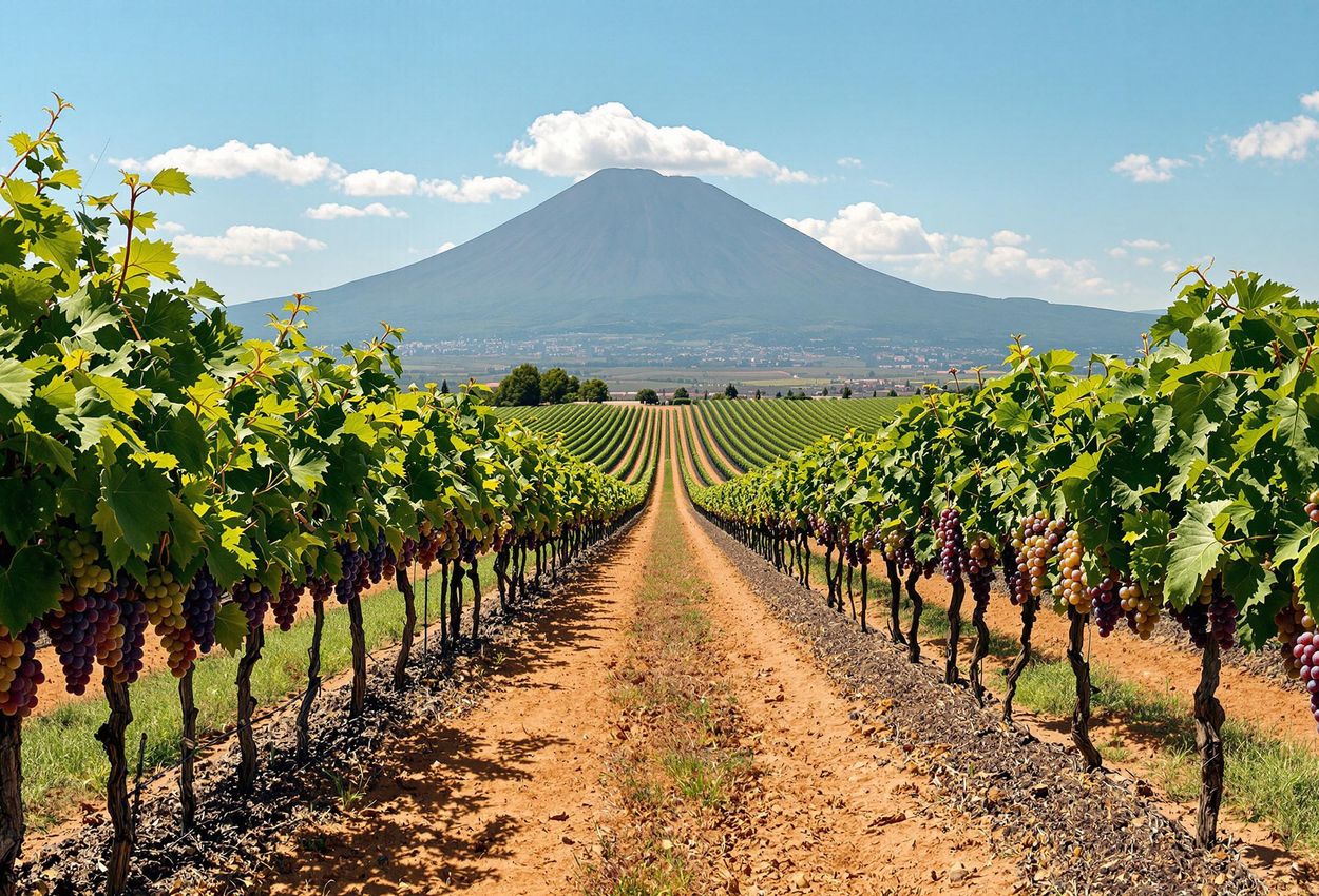A landscape photograph of a Pompeii vineyard, showcasing the fertile volcanic soil and rows of grapevines with Mount Vesuvius in the background.
