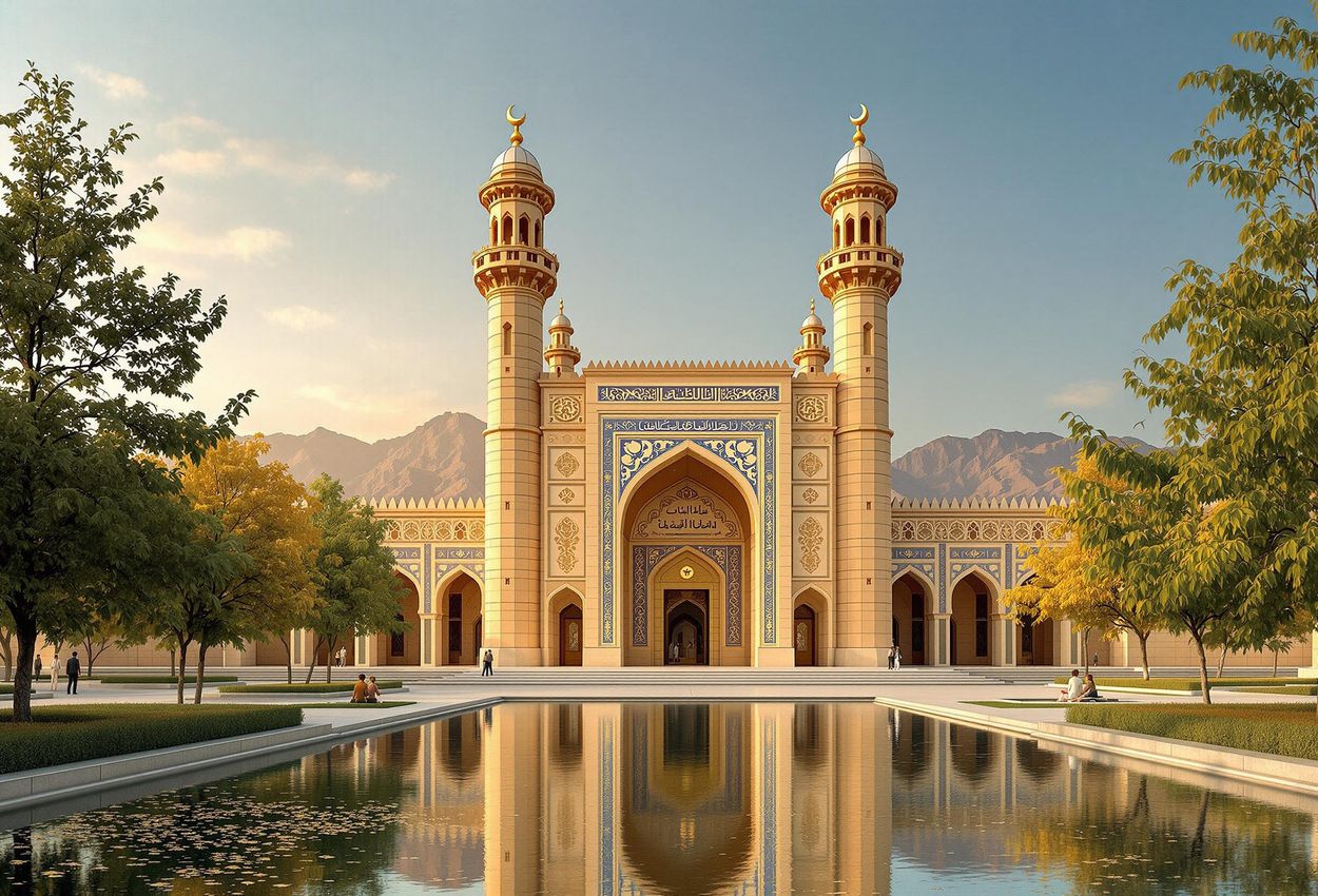 A captivating photograph of the Id Kah Mosque in Kashgar, showcasing its stunning architecture and cultural significance on the Silk Road. The image captures the mosque