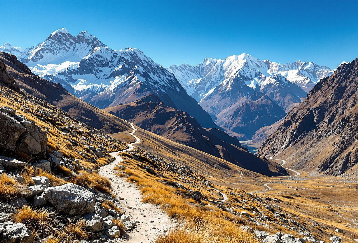 A wide, scenic photograph captures the Salkantay Trek, an alternative route to Machu Picchu in the Peruvian Andes. A trail winds through a vast landscape of snow-capped mountains under a clear blue sky.