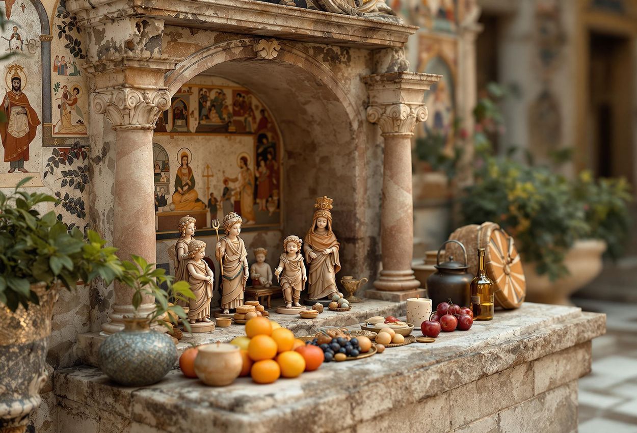 A detailed photograph captures a lararium, or household shrine, in a Pompeii home, showcasing the religious practices of the ancient Romans.