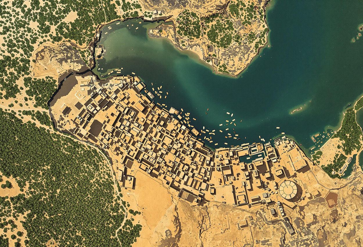 Overhead satellite view of ancient Egyptian settlements along the Nile River, revealing hidden archaeological sites through subtle variations in soil and vegetation.