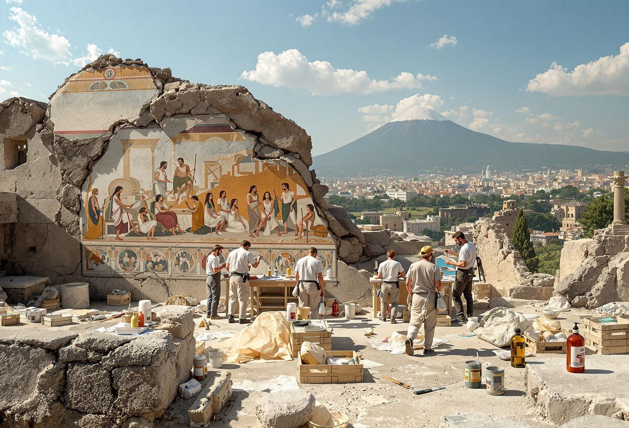 A detailed photograph capturing the delicate conservation work being carried out on a Pompeii ruin, showcasing archaeologists and conservators restoring a vibrant fresco. The image emphasizes the hope and commitment to protecting this unique historical site.